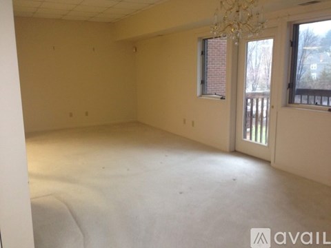 A large empty room with a chandelier and two windows.