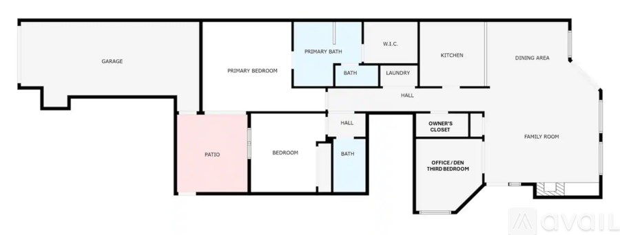 A floor plan of a house with a garage, two bedrooms, a living room, a dining area, a kitchen, a laundry room, a bathroom, and a family room.