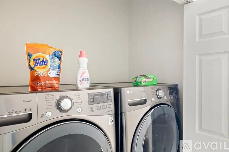 A bag of Tide Pods sits on top of a washing machine next to a bottle of Windex.