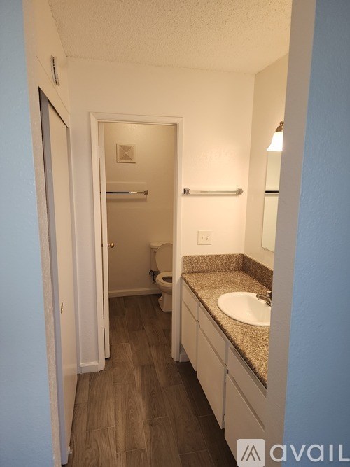 A bathroom with a sink, toilet and mirror.