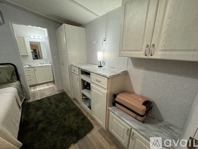 A small, well-organized kitchen area with a sink, cabinets, and a rug on the floor.