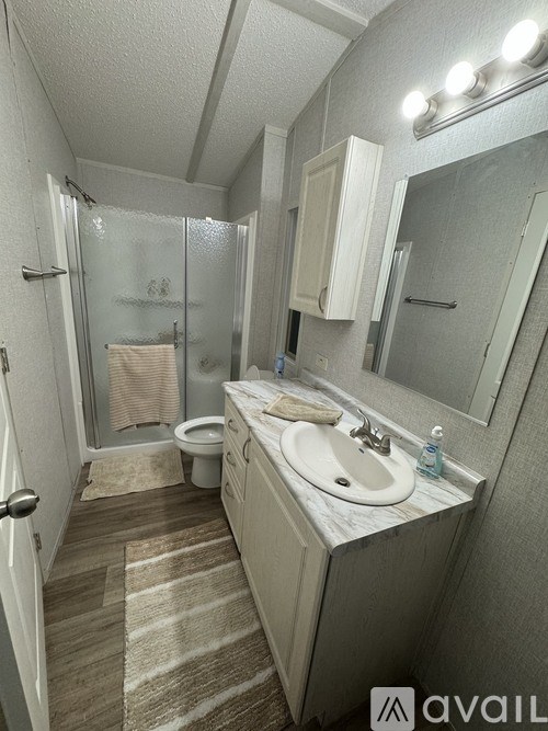 A bathroom with a sink, mirror, toilet, and shower.