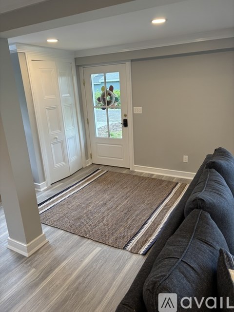 A living room with a grey couch and a brown rug.