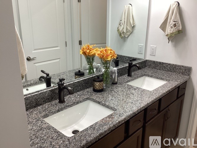 A bathroom with granite countertops and two sinks.
