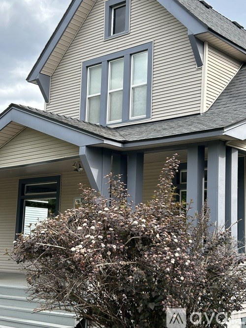 A house with a grey roof and a tree in front.