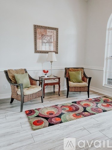 A living room with two chairs, a table, and a rug.