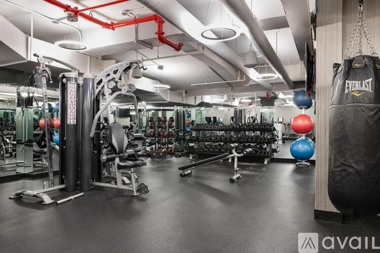 A gym with a variety of equipment including a punching bag.