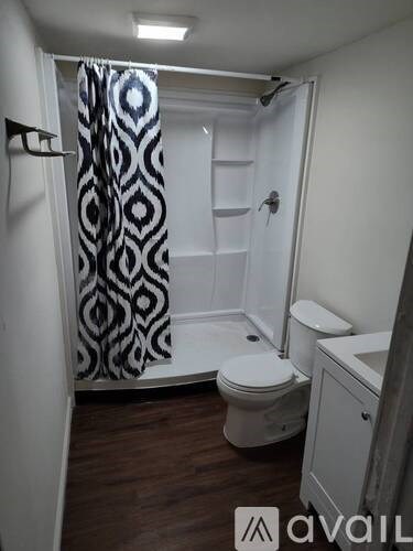 A bathroom with a toilet, sink, and shower curtain.