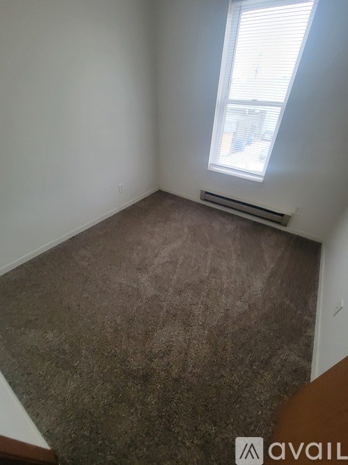 A room with a window and a carpeted floor.