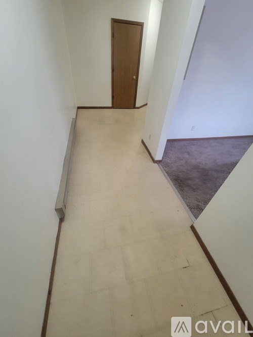 A hallway with a wooden door at the end.