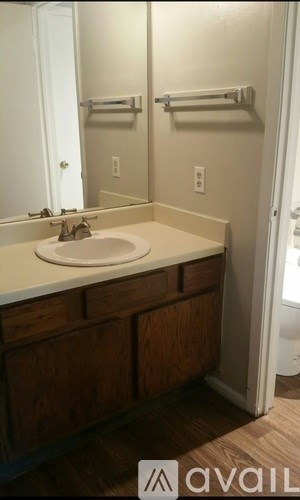 A bathroom with a sink, mirror, and towel rack.