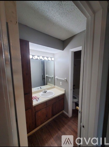A bathroom with a sink and mirror.