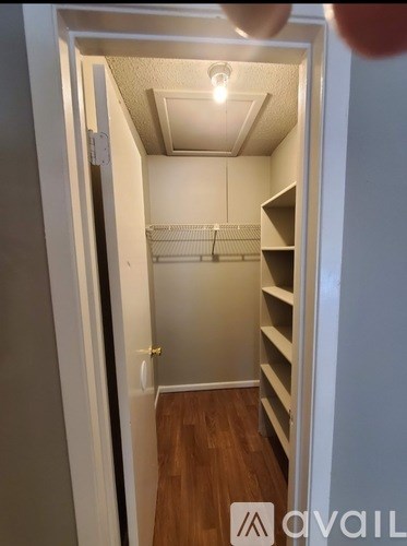 A small, empty walk-in closet with a light on.
