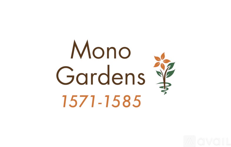 A logo with the text "Mono Gardens" and the years "1571-1585" with a flower graphic.
