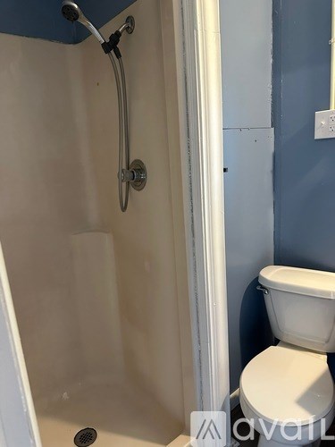 A white toilet sits next to a shower in a bathroom.