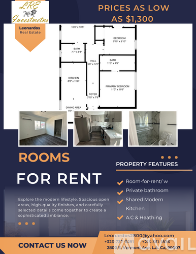 A real estate advertisement for rooms for rent at low prices as low as $1,300.