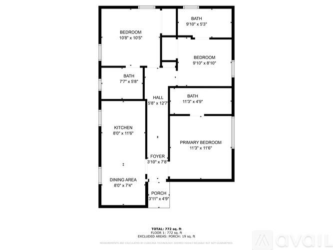 A floor plan of a house with a total area of 772 square feet.