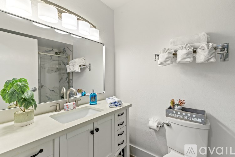 A bathroom with a white toilet, sink, and a mirror.