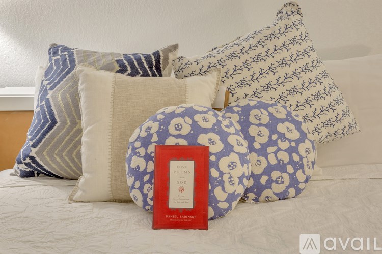 A book titled "Poems of God" by Daniel Larkin is placed on a bed with patterned pillows.