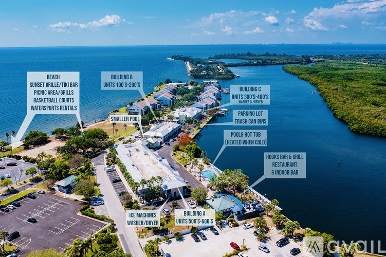 An aerial view of a beach resort with a sunset grille/tiki bar, picnic area, basketball courts, watersports rentals, and a hookah bar & grill.