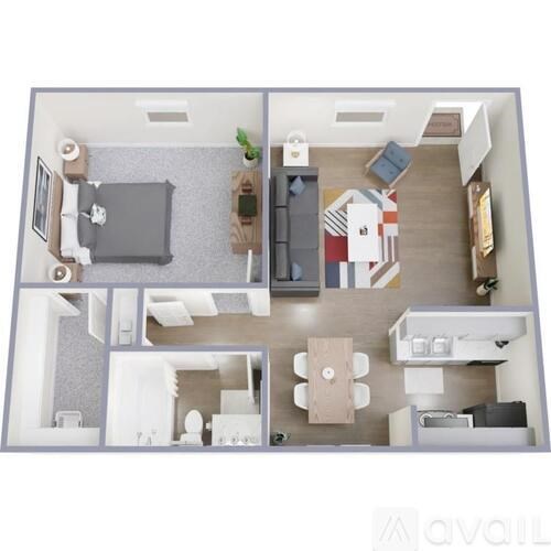 A floor plan of a house with a kitchen, living room, and two bedrooms.