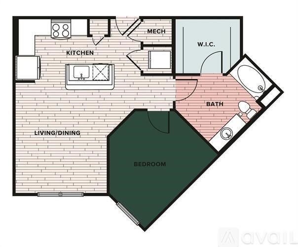 A floor plan of a small apartment with a kitchen, living/dining area, bedroom, bathroom, and a workspace.