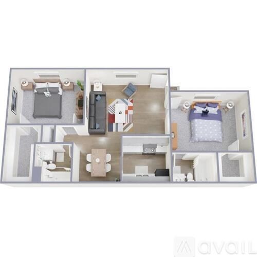 A floor plan of a two-bedroom apartment with a living room, kitchen, and bathroom.