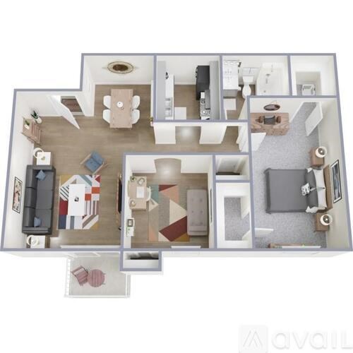 A floor plan of an apartment with a kitchen, living room, and bathroom.