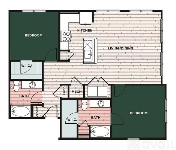 A floor plan of a house with a kitchen, living/dining area, two bathrooms, and two bedrooms.