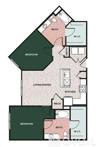 A floor plan of a house with two bedrooms, a living/dining area, a kitchen, a mech, and two bathrooms.