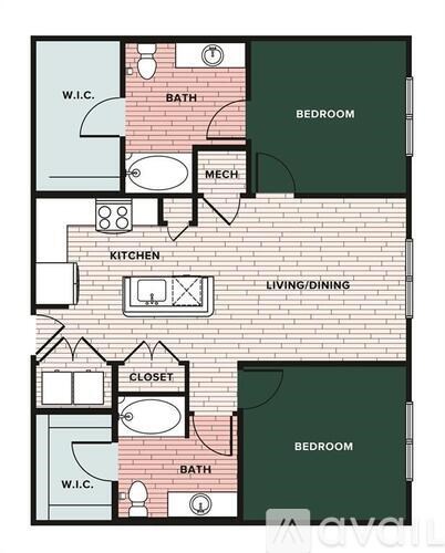 A floor plan of an apartment with a kitchen, living room, and two bedrooms.