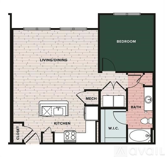 A floor plan of an apartment with a bedroom, kitchen, and bathroom.