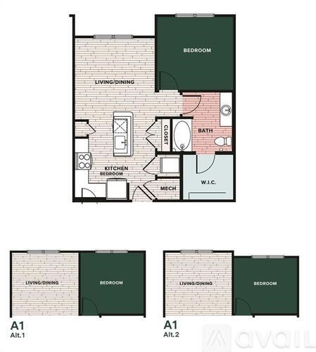 A floor plan of a one bedroom apartment with a living/dining area, kitchen, and bathroom.