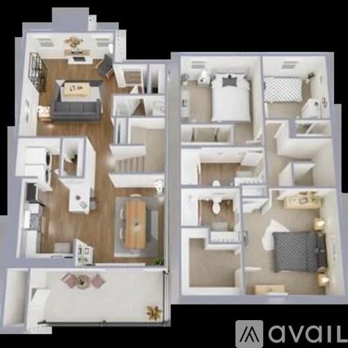 A floor plan of an apartment with a kitchen, living room, and bedrooms.