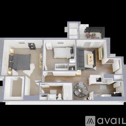 A 3D floor plan of a house with a kitchen, living room, and bathroom.