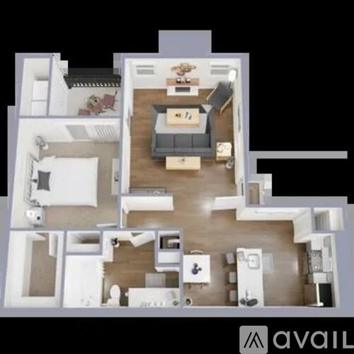 A 3D floor plan of a house with a kitchen, living room, and bathroom.