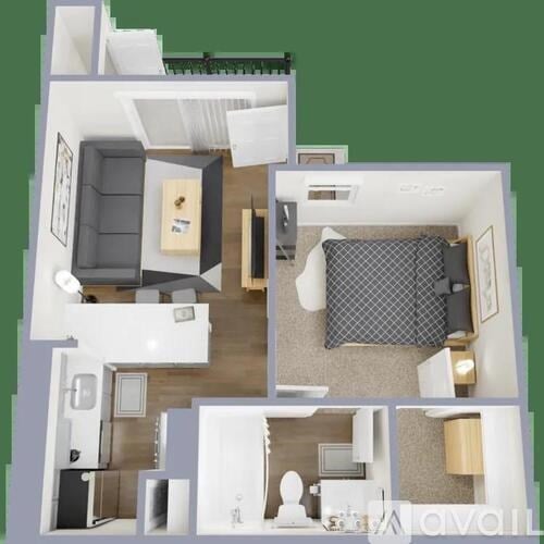 A 3D floor plan of a small apartment with a bedroom, living room, and kitchen.