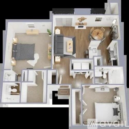 A floor plan of a house with a kitchen, living room, and two bedrooms.