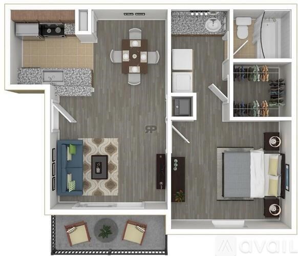 A floor plan of a small apartment with a kitchen, living room, and bathroom.