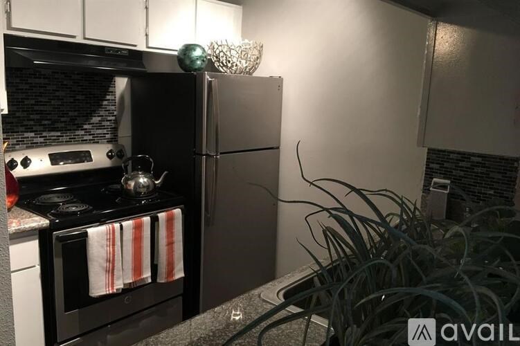 A modern kitchen with a black refrigerator and a plant on the counter.