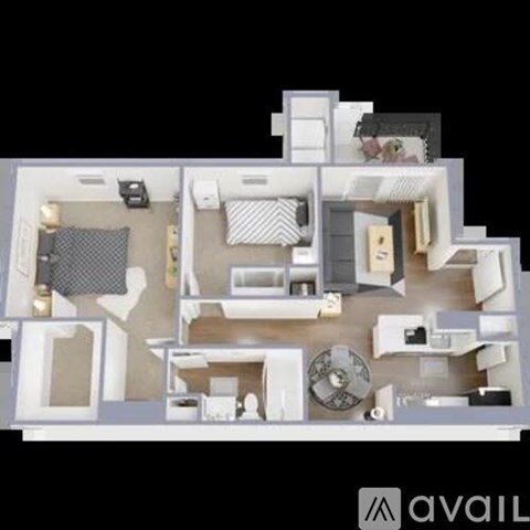 A 3D floor plan of a house with a kitchen, living room, and bathroom.