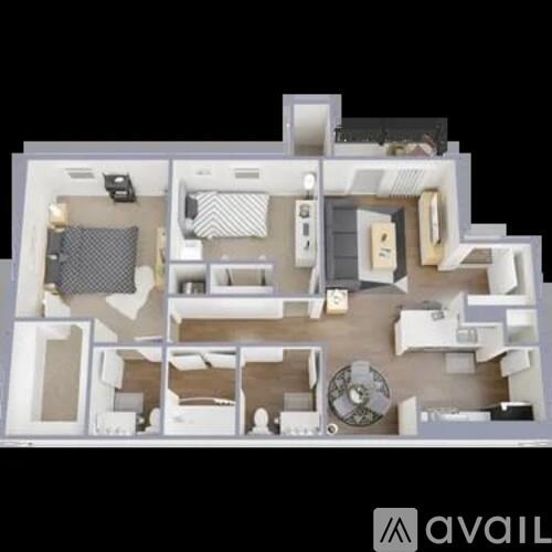 A 3D floor plan of a house with a kitchen, living room, and two bedrooms.