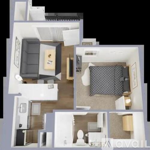 A 3D floor plan of a small apartment with a kitchen, living room, and bathroom.