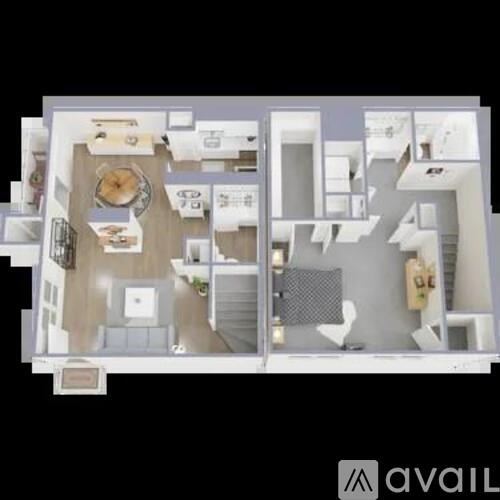 A floor plan of an apartment with a kitchen, living room, and two bedrooms.
