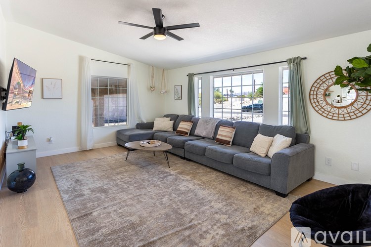 A living room with a grey couch and a rug.