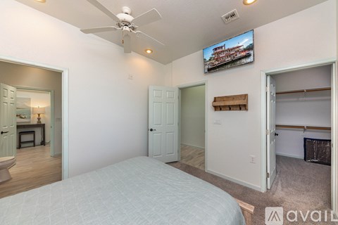A bedroom with a bed, a television, and a closet.