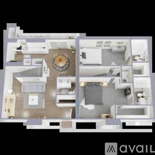 A floor plan of a house with a kitchen, living room, and two bedrooms.