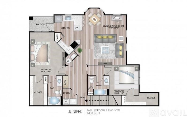 A floor plan of a Juniper apartment with two bedrooms and two bathrooms.