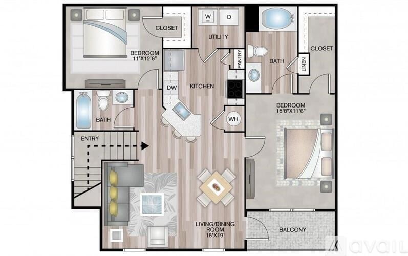 A floor plan of an apartment with two bedrooms, a living room, a kitchen, a bathroom, and a balcony.