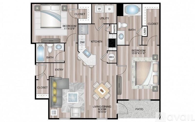 A floor plan of an apartment with a living room, kitchen, and two bedrooms.